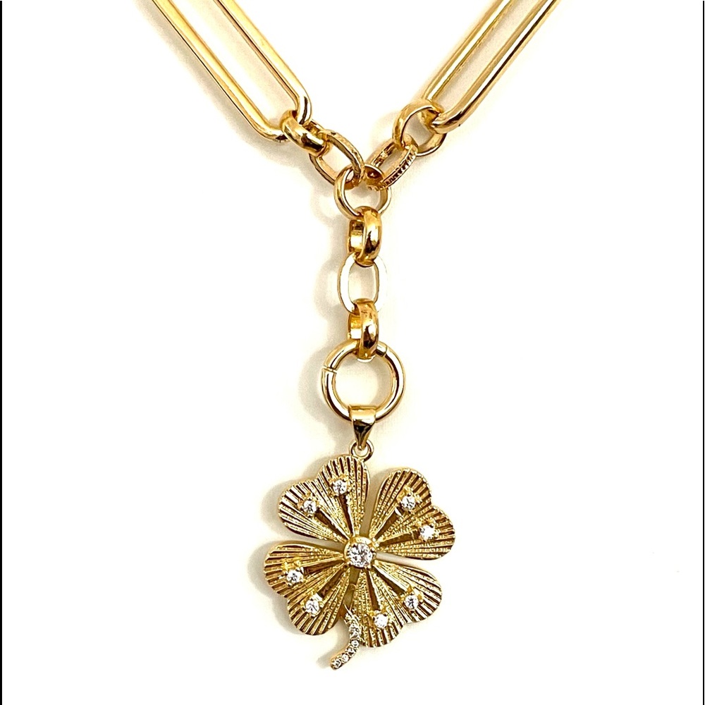 Paperclip Chain Necklace Gold Four Leaf Clover Pendant Charm